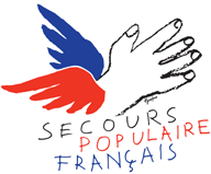 Logo du secours catholique français: dessin d'une main blanche avec une aile bleue et une aile rouge